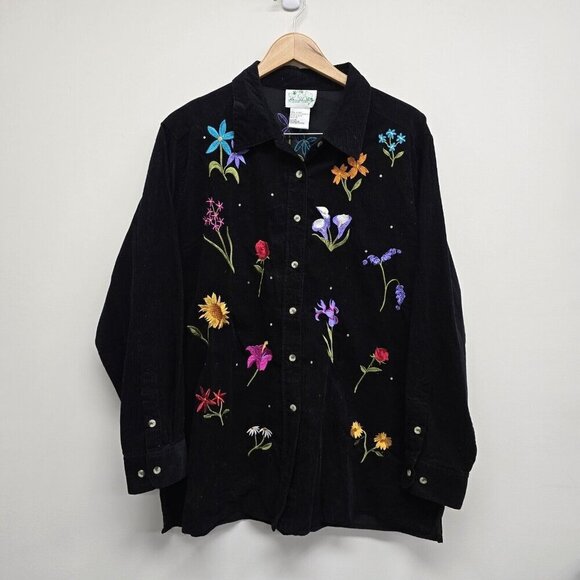 Quacker Factory Tops - VTG Quacker Factory Black Embroidered Floral Button Up Thin Corduroy Shirt Sz 1X